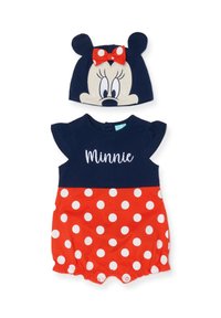 Combinaison en coton avec un haut bleu foncé et un bas rouge à pois, ornée du texte "Minnie" et d'une casquette assortie avec un motif de visage de Minnie Mouse.