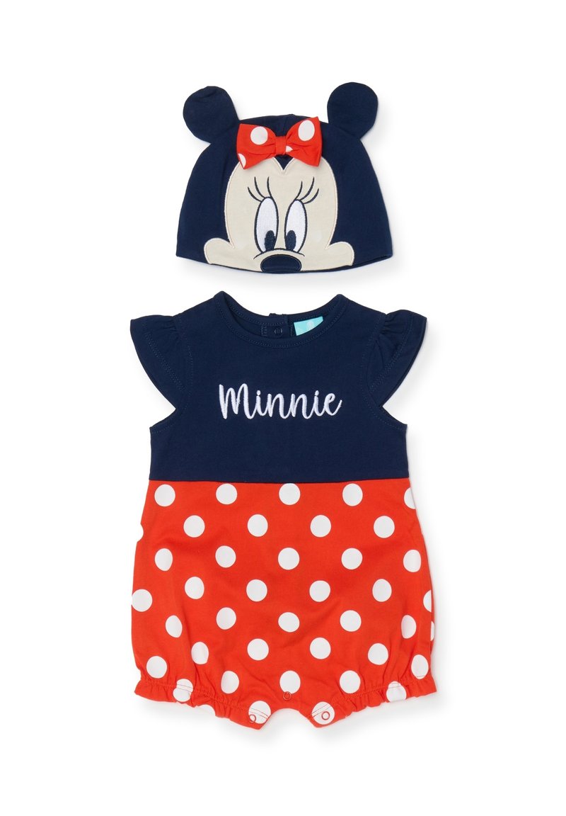 Combinaison en coton avec un haut bleu foncé et un bas rouge à pois, ornée du texte "Minnie" et d'une casquette assortie avec un motif de visage de Minnie Mouse.