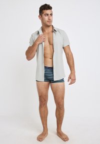 Light gray short-sleeve button-up shirt over blue and green striped boxer shorts, featuring a relaxed fit and collar detail.