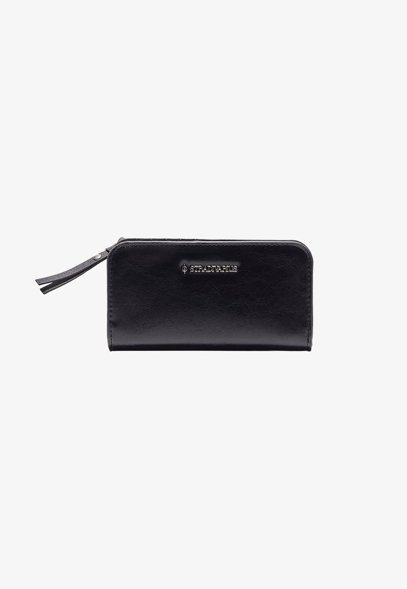 Portefeuille en cuir noir avec fermeture éclair sur tout le tour, petite dragonne et logo de la marque argenté "Stradivarius" à l'avant.