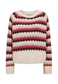 Gebreide trui met een ronde hals, voorzien van horizontale strepen in tinten van crème, roze en bordeaux. Losse pasvorm met geribbelde zoom en manchetten.