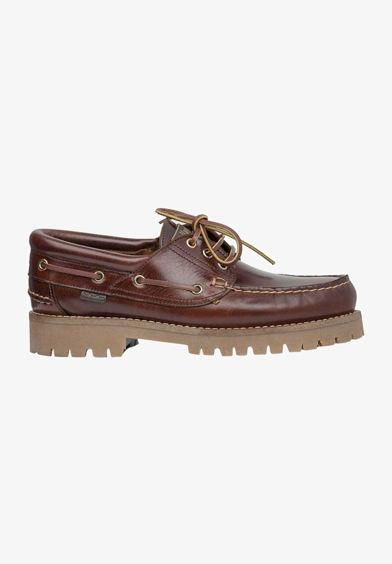 Braune Lederbootsschuhe mit runder Zehenform, Schnürverschluss, Metallösen und dicker Gummisohle mit tiefen Profilen.