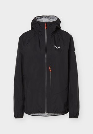 Μαύρο ελαφρύ μπουφάν με κουκούλα και εμπρόσθιο φερμουάρ, φερμουάρ στην τσέπη στο στήθος με πορτοκαλί λαβές, και λευκό λογότυπο στο αριστερό στήθος.