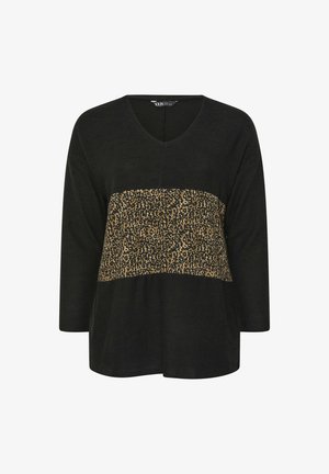 Top nero a scollo a V con maniche tre quarti, caratterizzato da un pannello con stampa leopardata nella parte centrale. Tessuto morbido con una vestibilità comoda.