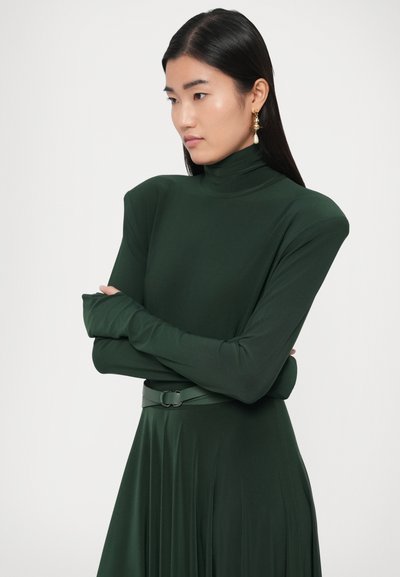 Zaļa kleita ar garām piedurknēm, augstu apkakli, pieguļošu korseti un izpletni svārku daļu. Aprīkota ar saskaņotu jostu un maigu, gludu auduma tekstūru.