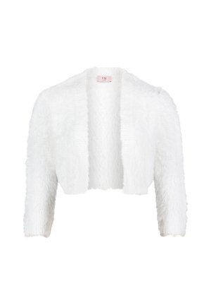 White cropped cardigan made of fuzzy fabric, featuring an open front and three-quarter length sleeves. Soft texture and no fastenings.