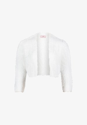 White cropped cardigan made of fuzzy fabric, featuring an open front and three-quarter length sleeves. Soft texture and no fastenings.
