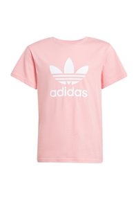 Pink cotton t-shirt with short sleeves, featuring a large white Adidas logo and iconic three-stripe design underneath the logo.