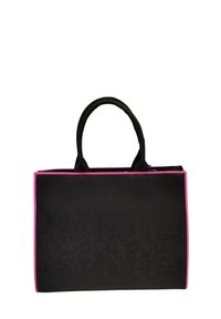 Borsa tote nera con rifiniture rosa, caratterizzata da una superficie testurizzata e doppio manico corto. Nessun logo o elemento hardware visibile.