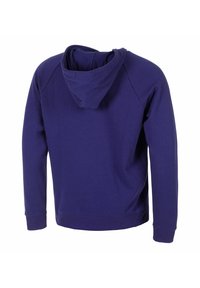 Einfache dunkelblaue langärmlige Kapuzenjacke, von hinten gezeigt, mit Kapuze und gerippten Bündchen und Saum.