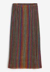 Falda plisada hasta la rodilla con rayas metálicas verticales en tonos verde, naranja, púrpura, rosa, azul y marrón, con cintura elástica.