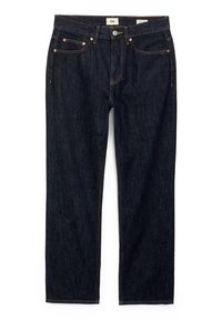 Mörkblå raka denimjeans med förstärkningsknapp och dragkedja, femficksdesign och kontrastsöm.