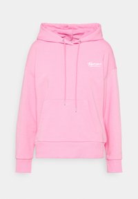Felpa rosa realizzata in materiale morbido, con tasca frontale, cappuccio con stringhe e logo "Femme" in bianco sul petto.