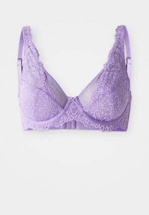 Reggiseno in pizzo lavanda con motivi floreali, spalline regolabili, supporto con ferretto e un piccolo fiocco al centro anteriore.