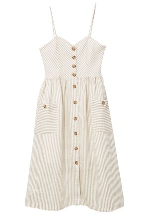 Robe en lin rayée avec un corsage ajusté, une jupe évasée, des boutons en bois, deux poches avant et des bretelles spaghetti réglables dans des tons beiges.