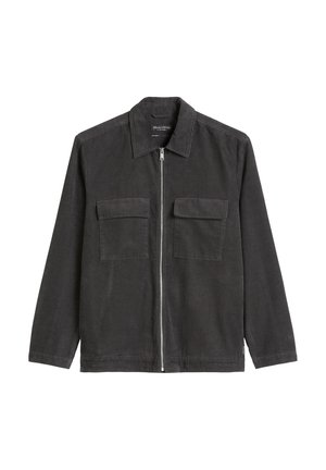 Dunkelgraue Cordjacke mit Kragen, vorderem Reißverschluss und zwei Brusttaschen. Verfügt über eine gerippte Textur und einen strukturierten, lockeren Schnitt.