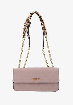 Borsa a tracolla rosa chiaro con motivo floreale a rilievo, hardware in tonalità oro e una catena spessa. Caratterizzata da una chiusura a pattina e un dettaglio del logo.