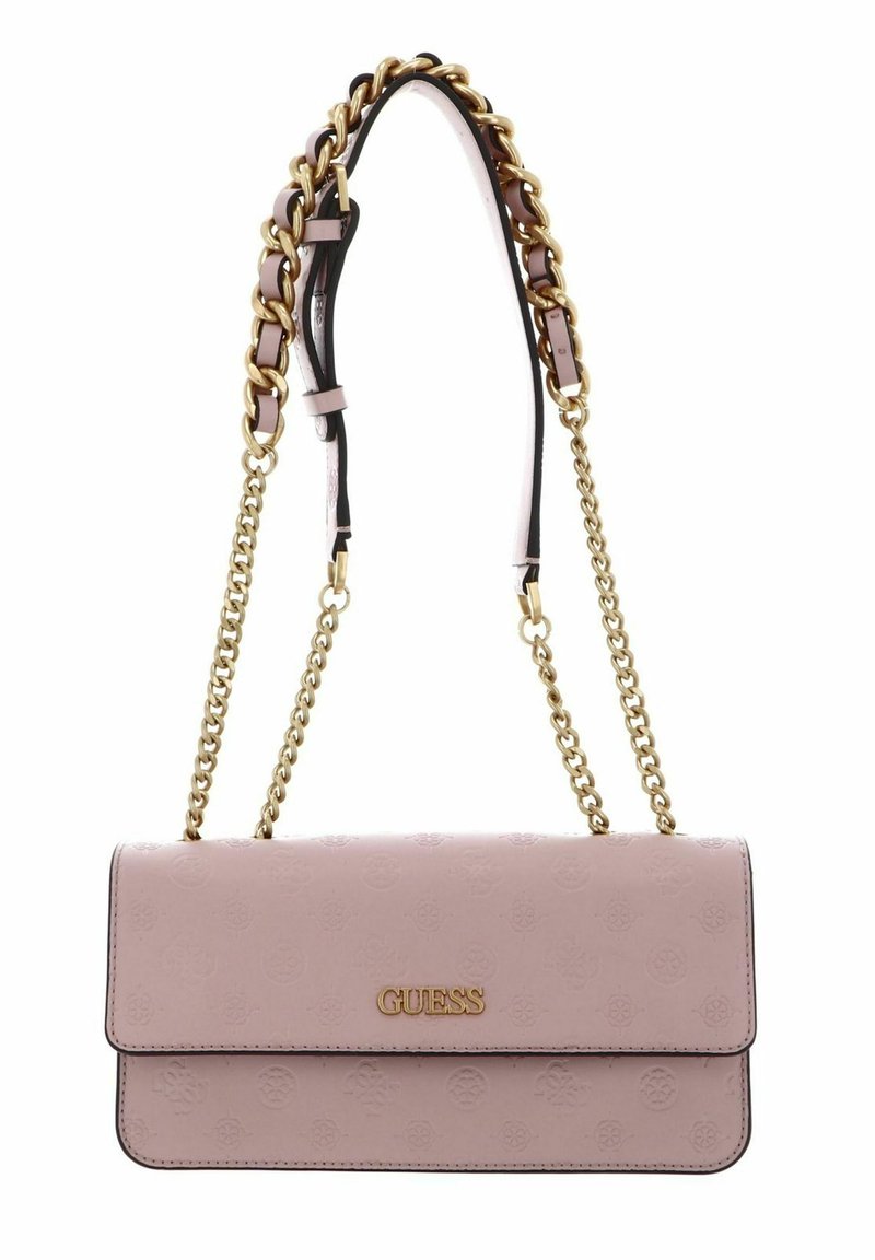 Borsa a tracolla rosa chiaro con motivo floreale a rilievo, hardware in tonalità oro e una catena spessa. Caratterizzata da una chiusura a pattina e un dettaglio del logo.