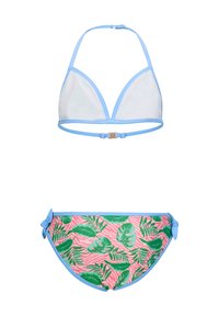 Set di bikini con un top triangolare azzurro chiaro e un bottom rosa con motivi a foglia verde. Laccetti regolabili sui lati del bottom.