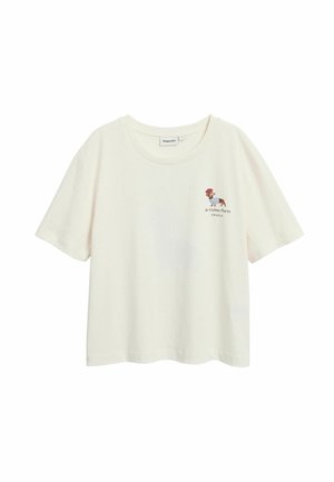 Hvid t-shirt med korte ærmer med et lille grafik af en hund, der bærer en baret og en stribet skjorte med teksten "Je t’aime Paris FRANCE" på brystet.