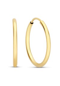 Gouden hoepeloorbellen met een gladde, gepolijste afwerking. Het ontwerp is rond met een naadloze sluiting en een slank profiel.