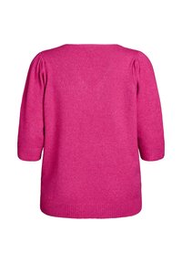 Rosa gestrickter Pullover mit dreiviertel langen Puffärmeln, geripptem Saum und weitem Ausschnitt. Weiche Textur mit leicht taillierter Form.