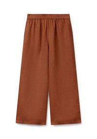 Hnědé široké kalhoty s elastickým pasem, vyrobené z lehké tkaniny, s jemnou texturou a dlouhým střihem.