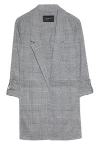Veste à carreaux grise avec un design ajusté, dotée d'un col châle, de manches retroussées et d'une coupe décontractée. Fabriquée en tissu structuré.