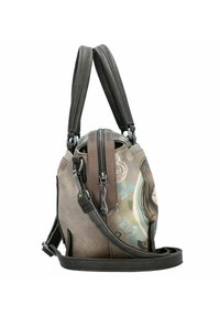 Multifarbene Ledertasche mit runder Form, doppelten Griffen und einem abnehmbaren Schultergurt. Verfügt über einen Reißverschluss und subtile Muster.