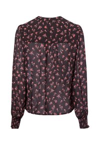 Black blouse with long sleeves, featuring a floral pattern in red and pink. Smocked cuffs and a gathered back detail enhance the design.