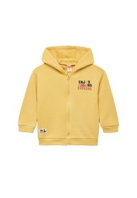 Gelbe Baumwolljacke mit Reißverschluss und Kordelzugkapuze. Mit „ENJOY“ und „EXPLORE“ Druck in verschiedenen Farben. Rippbündchen an den Ärmeln und am Saum. Weicher Stoff.