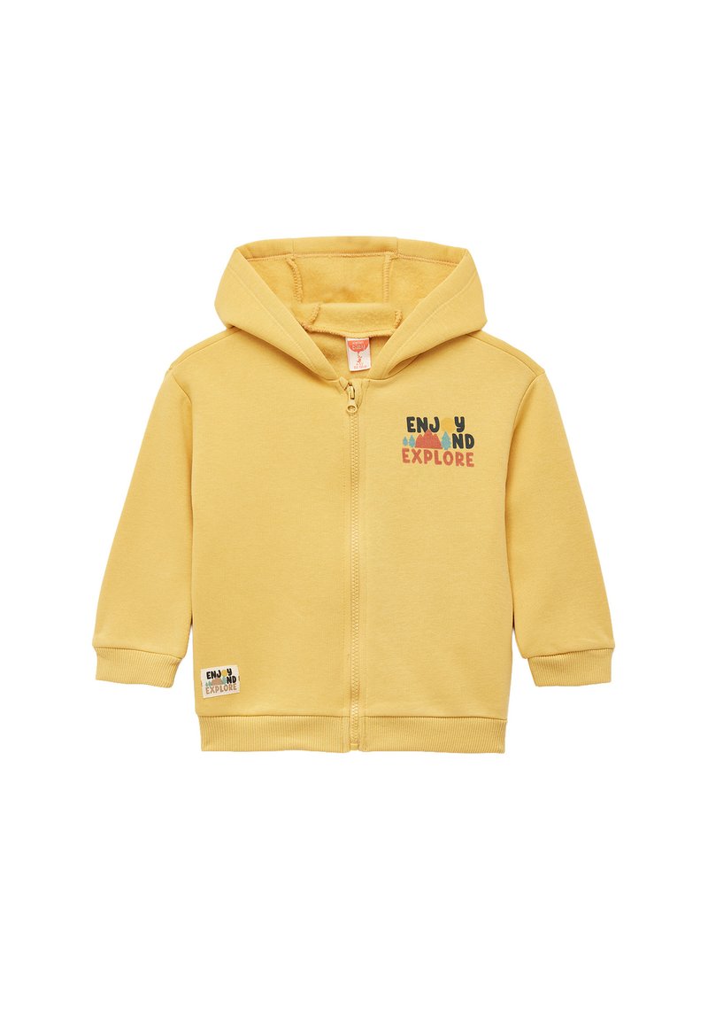 Gelbe Baumwolljacke mit Reißverschluss und Kordelzugkapuze. Mit „ENJOY“ und „EXPLORE“ Druck in verschiedenen Farben. Rippbündchen an den Ärmeln und am Saum. Weicher Stoff.