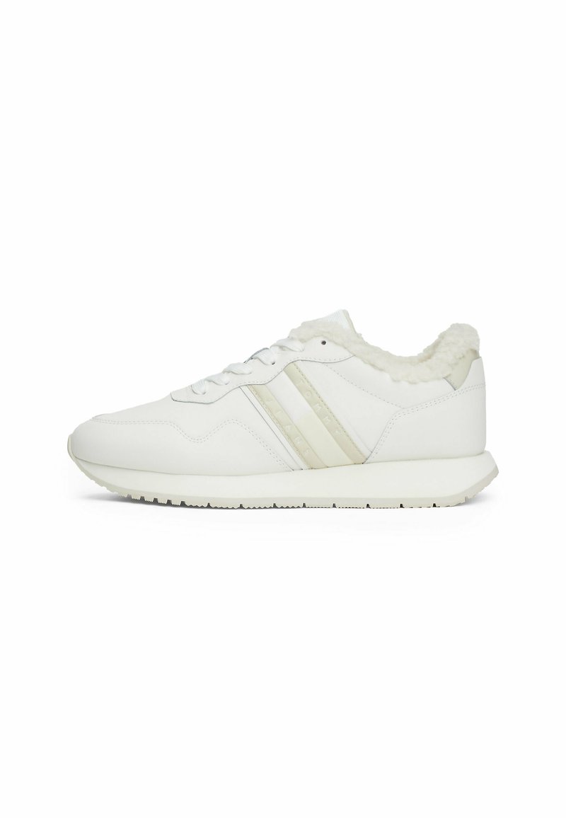 White athletic shoe featuring a textured fabric collar, leather upper, and light colored stripes. Rubber sole with low-profile design.