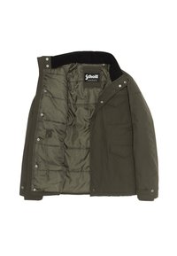 Kurtka oliwkowa z pikowanym nylonowym wnętrzem, podwójnymi przednimi kieszeniami, czarnym kołnierzem i zatrzaskami. Etykieta z napisem "Schott".