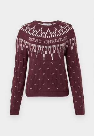 Burgunderfarget genser med lange ermer og rund hals. Har et strikket mønster med "GOD JUL" og hvite snøflak-lignende detaljer.