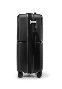 Valise rigide noire avec surface texturée, doubles zippers, serrure à combinaison et poignée supérieure. Elle est équipée de quatre roulettes pour un meilleur déplacement.