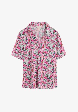 Kurzärmeliges Hemd mit Blumenmuster in Pink, Grün und Blau. Mit einem Kragen und leichtem Stoff für eine lockere Passform.