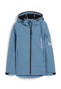 Niebieska kurtka softshell z zapięciem na zamek, regulowanym kapturem, dwoma bocznymi kieszeniami i kontrastowym czarnym podszewką. Zawiera logo "NORTHVILLE" oraz naszywkę na rękawie.