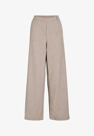 Pantalons larges beige en tissu léger. Présentent une texture lisse, une taille ajustée et des poches latérales pour un détail fonctionnel.