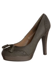 Olivgrön högklackad sko med en texturerad ovandel, detalj med rosett och brogue-mönster. Har en platå och en smal klack.