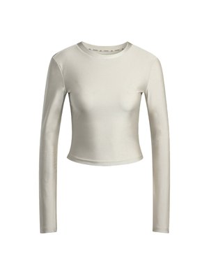 Long-sleeve crop top in light cream color, made of smooth, stretchy fabric with a round neckline and minimalistic design.
