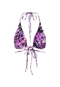 Purple and black butterfly print bikini top with triangular cups, adjustable neck and back ties, and a gold ring detail at the center.