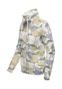 Giacca con zip e collo alto, caratterizzata da motivi ad albero multicolore in verdi, gialli, rosa e viola su sfondo bianco.