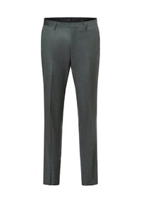 Gray tailored trousers made of textured fabric, featuring a flat front, two side pockets, and a slim leg fit. No visible patterns or accents.