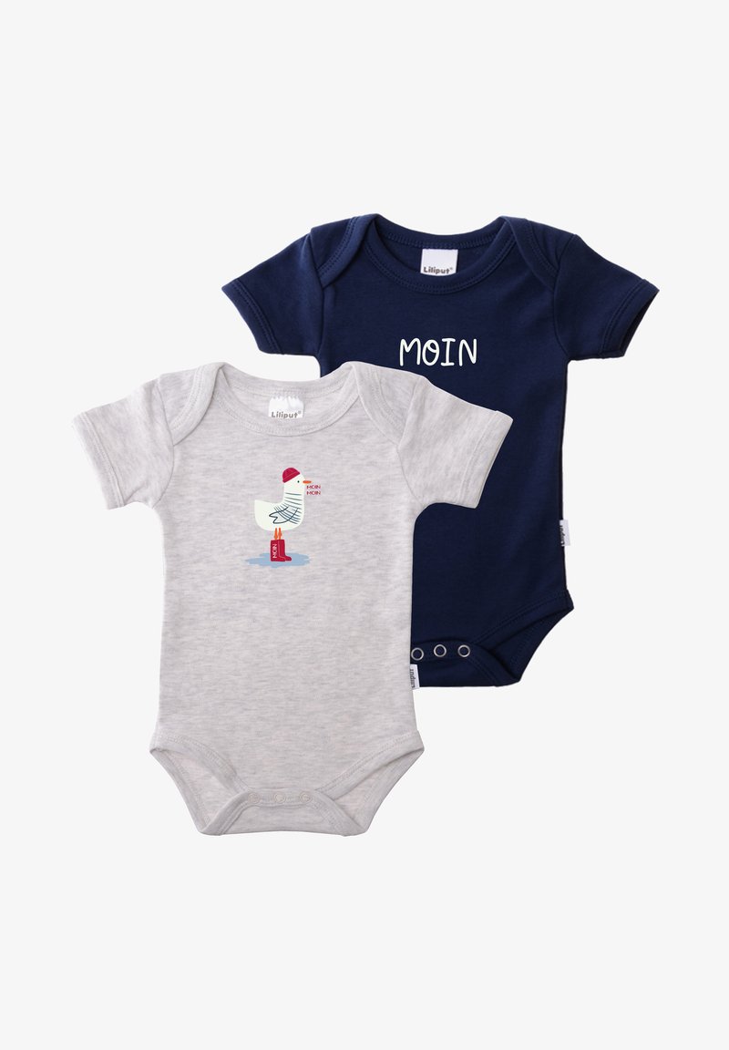 Two baby bodysuits: one grey with a duck graphic, the text “MOIN,” and one navy with white “MOIN.” Made of soft cotton, Snap closure at the bottom.