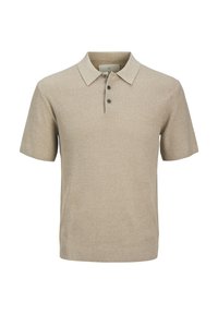 Polo de manga corta beige con un diseño de punto texturizado, tres botones oscuros y un cuello clásico. Tejido suave con una silueta ajustada.