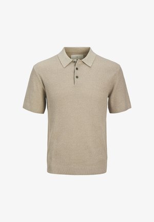 Polo shirt beige à manches courtes avec un design en tricot texturé, trois boutons foncés et un col classique. Tissu lisse avec une silhouette ajustée.