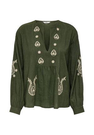 Oliiviroheline pika varrukaga pluus beeži lillemustriga rinnal, varrukatel ja esiküljel, sügava V-kaeluse ja kogutud vöökohaga.