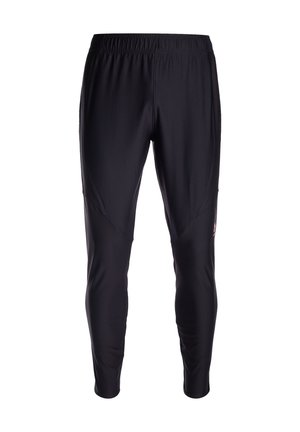 Schwarze Sporthose aus einem weichen, dehnbaren Stoff, mit einem elastischen Bund und seitlichen Akzenten sowie einem Logodetail am linken Bein.