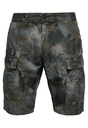 Shorts cargo pour hommes avec motif camouflage feuilles en vert et gris, munis d'un bouton frontal, d'une fermeture éclair, de passants pour ceinture et de poches à rabat sur les côtés.